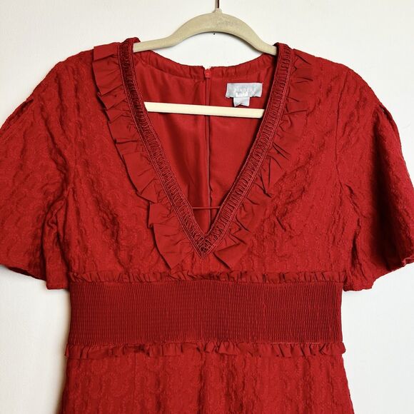 Finders Keepers Memento Dress Red Asymmetrical Ruffle Hem Embroidery Sz M - Picture 7 of 16